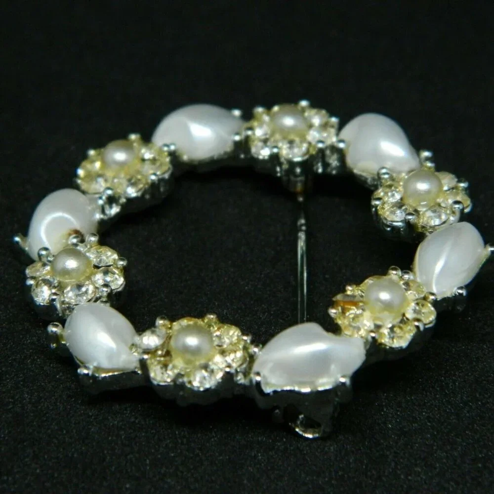 Clear Rhinestone Faux Baroque Pearl Silver Tone